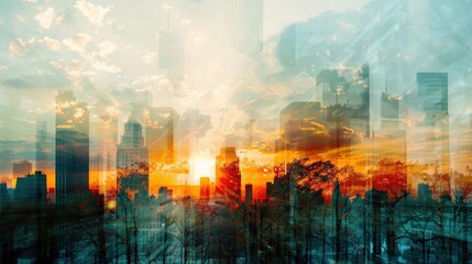 A Double Exposure Photograph of a City Skyline with a Sunset Overlapping the Buildings, Creating a Dreamy and Surreal Abstract Effect