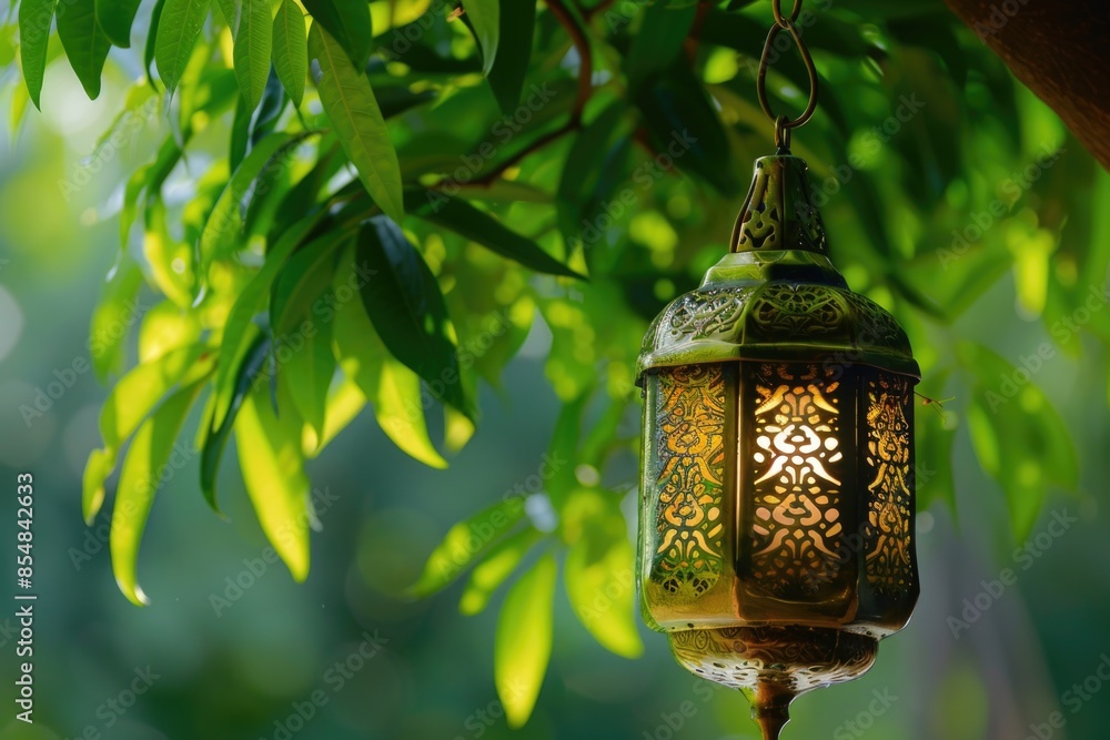 Aufkleber a green lantern is hung from a tree branch in a natural setting