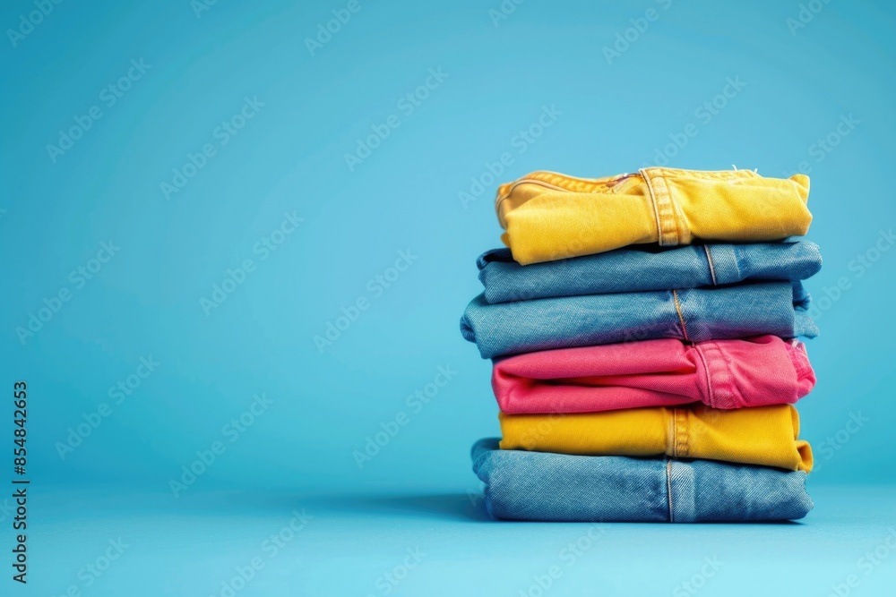 Poster a stack of folded jeans on a blue background, ideal for use in fashion or textile-related contexts