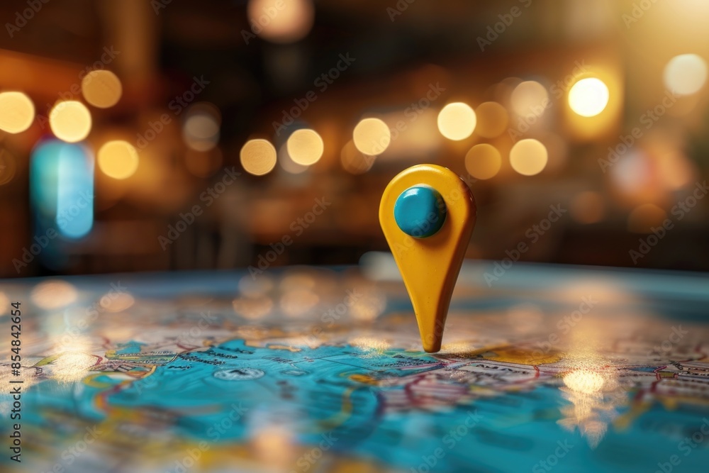 Aufkleber a small yellow pin sitting on the surface of a map, indicating a location or point of interest