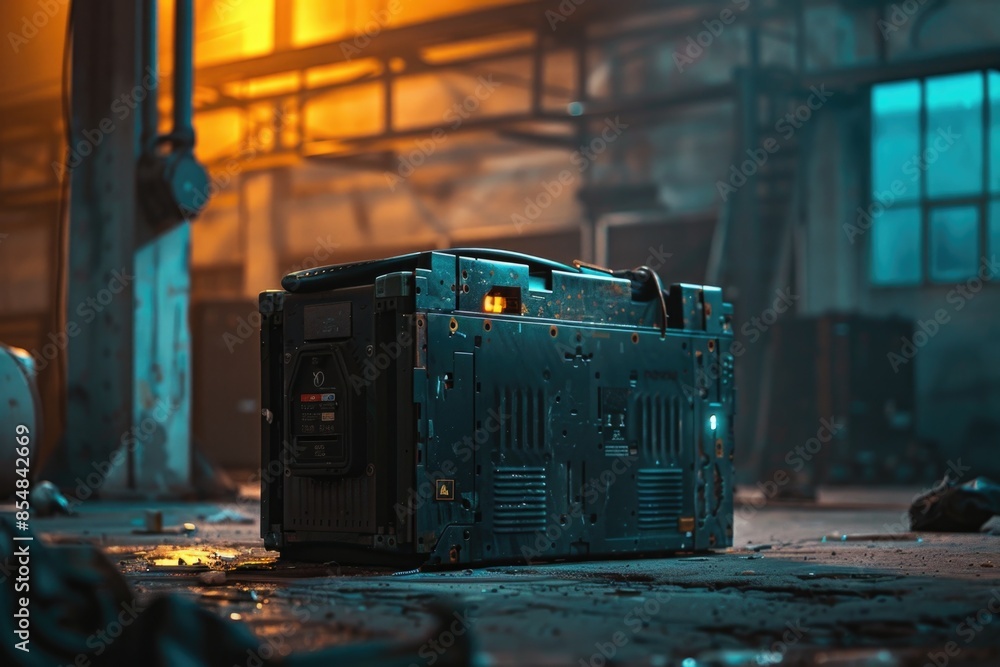 Poster Abandoned radio on a factory floor, suitable for use in industrial or abandoned setting images