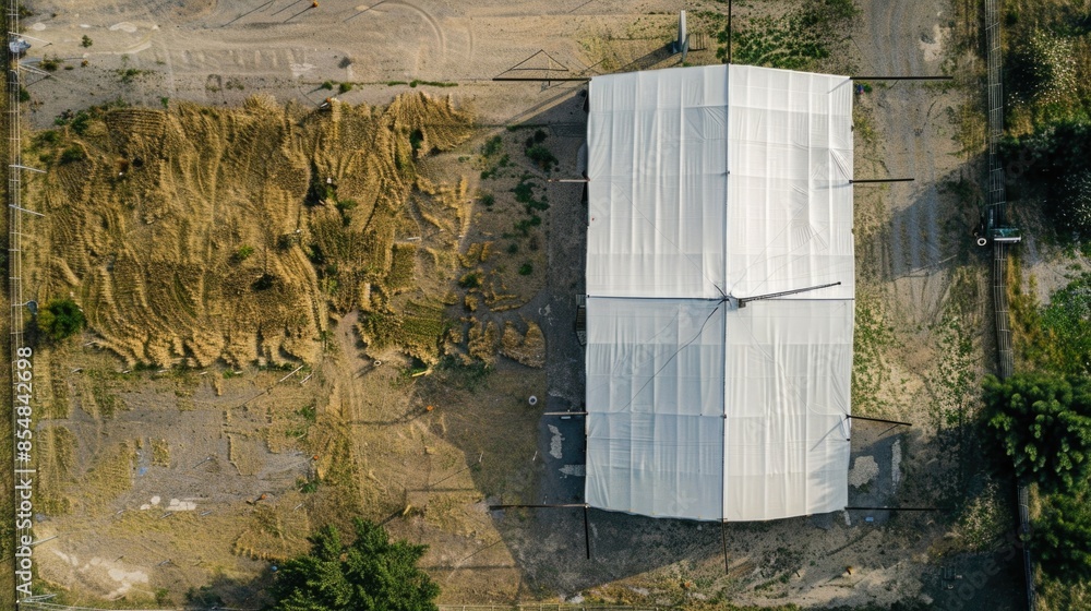 Poster Aerial view of a building with a tarp covering the structure, suitable for use in architecture or construction projects