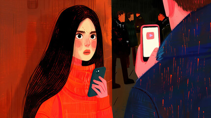 Woman discovers betrayal through phone in a dark, digital setting. Generative AI image