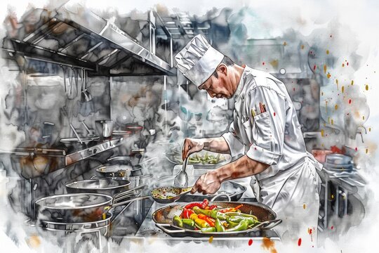 A chef is preparing food in a professional kitchen