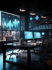 Design a CG 3D rendering of a sleek modern office boardroom with a long table covered in charts