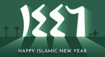 Happy Islamic New Year Poster Design with 1446 Letters Isolated Green Background. Happy Muharram Vector Illustration. Ashura Day