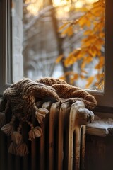 Cozy scene with a blanket draped over a radiator in front of a window
