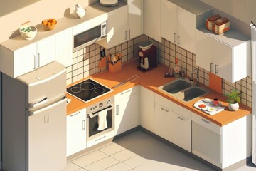 A functional kitchen space with a stove, sink, and refrigerator