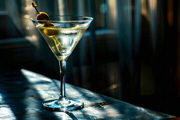 Elegant vodka martini with olive in sunlit setting. Generative AI image