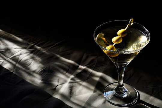 Elegant martini with olives in dramatic lighting. Generative AI image