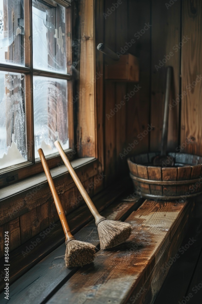 Poster brooms sit on a wooden bench next to a window, ideal for use in rustic or vintage themed settings