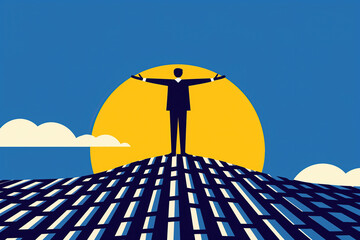 Businessman Standing on Top of the World With Arms Outstretched at Sunset. Generative AI