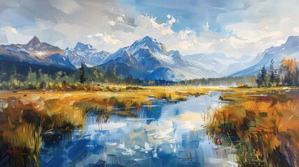 Obraz premium A Serene Mountain Landscape with a Reflective Lake and Lush Greenery