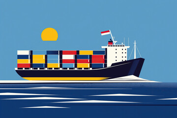 Cargo Ship Sailing Towards the Setting Sun on Open Ocean. Generative AI