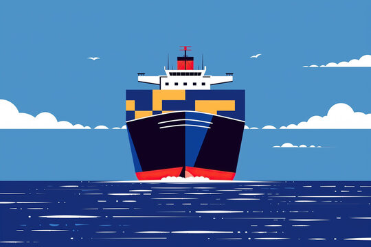 Cargo Ship Sails Towards a Blue Sky With White Clouds. Generative AI