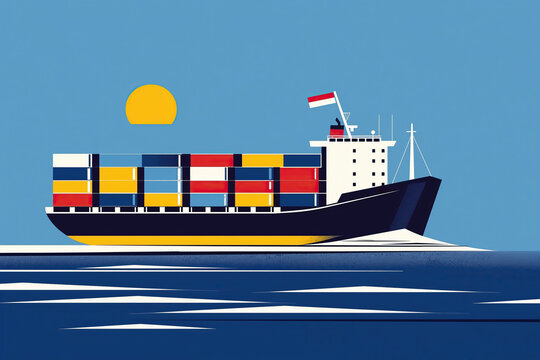 Cargo Ship Sailing Towards the Setting Sun on Open Ocean. Generative AI