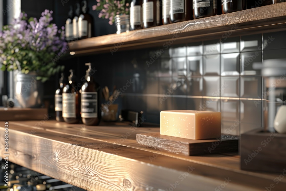 Poster a simple wooden shelf with a soap bar on top, perfect for use in bathroom settings