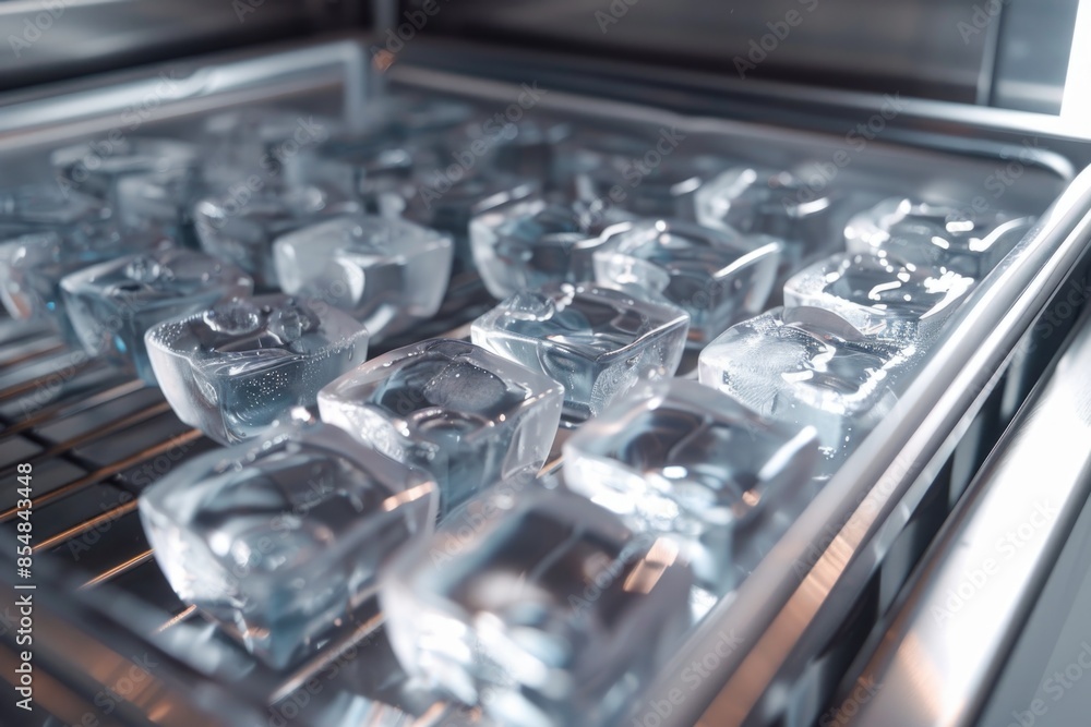 Poster a collection of ice cubes sitting on top of a kitchen appliance, perfect for use in food or drink re