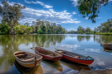 Obraz premium A group of boats resting on the surface of a calm lake, providing a serene and peaceful atmosphere