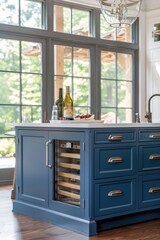 Fototapeta premium A modern kitchen with blue cabinets and a wine cooler, suitable for advertising or editorial use