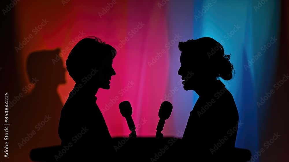 Poster a person speaking into a microphone in a simple and straightforward setup