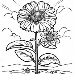Illustration of a large sunflower and smaller flower, designed as a coloring page for children.
