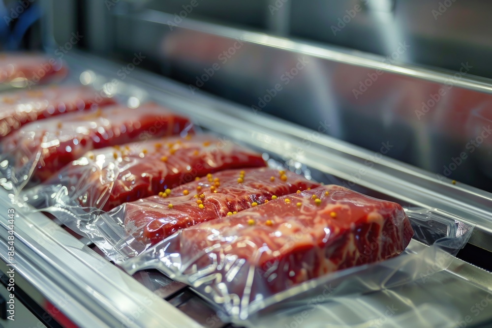Poster meat product wrapped in plastic on a conveyor belt, suitable for use in editorial or commercial cont