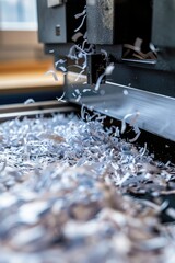 A machine cutting shredded paper on a conveyor belt