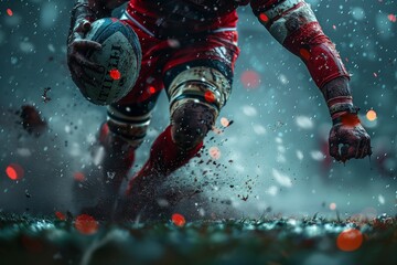 Rugby Player Running With Ball in Hand on Rainy Field