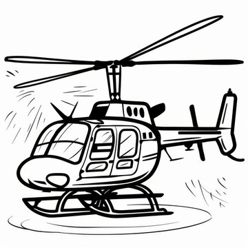 recommend clip art: Black and white illustration of a helicopter with rotating blades, captured in detailed line art style.