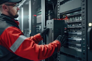 Man in hard hat working on server, maintenance and repair work in progress
