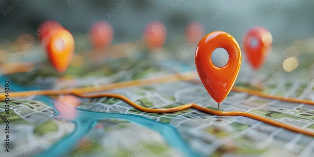 Poster A detailed view of a map with numerous pins marking various locations, suitable for presentations or reports