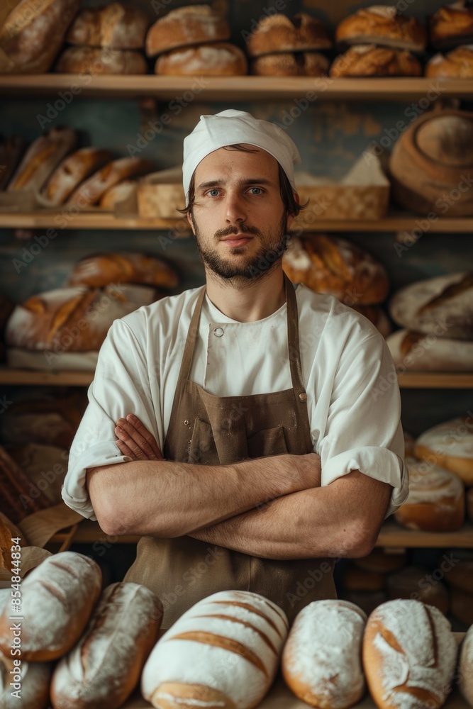 Poster a person standing in front of a shelf filled with different types of bread, great for food or bakery
