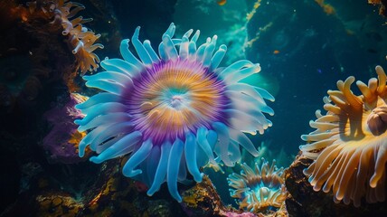 Fototapeta premium A vibrant sea anemone with glowing tentacles sways underwater, showcasing the colorful beauty of marine life on a coral reef. 