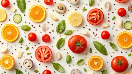 A vibrant and colorful arrangement of fresh ingredients, including sliced oranges, tomatoes, cucumbers, garlic cloves, basil leaves, and peppercorns, all set against a clean white background.