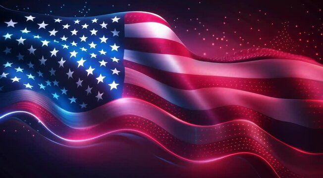 American flag waving and glowing with glowing red, white, and blue lines on a dark background. Neon futuristic style. Flag Day and 4th of July Independence Day