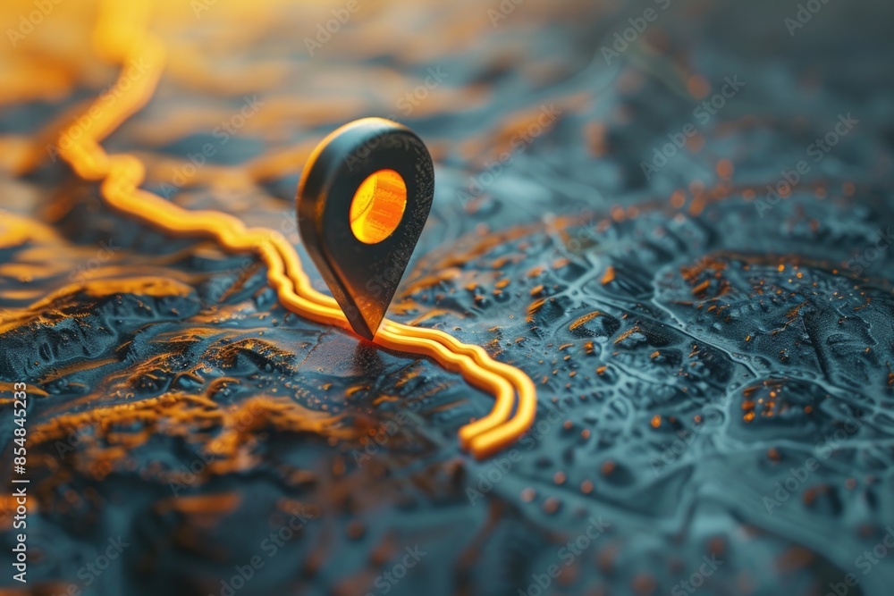 Fototapete A map showing a location marked with a yellow pin, useful for indicating a specific spot or point of interest