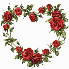 Fototapeta premium Illustration of a frame of red roses in the shape of a heart, isolated on white background, vector