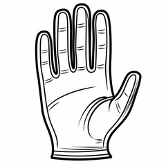 Black and white outline drawing of a single latex glove, detailed to show its form and texture, displayed in an upright position.