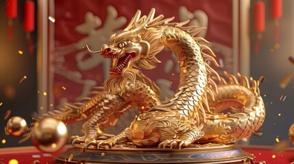 Fototapeta premium Gold 3D Chinese dragon 2024 lunar year podium banner illustration