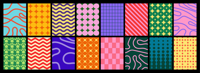 collection of textured vector backgrounds with simple and fun repeating patterns. Abstract colorful funky backgrounds for cards, posters, covers, banners, or branding.
