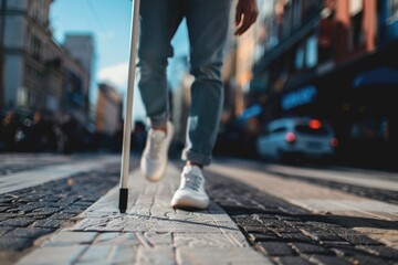 A person walking down a street with a cane, possibly injured or recovering from an illness