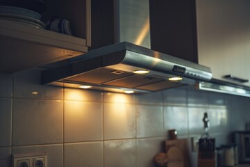 Fototapeta premium A kitchen stove top oven sitting under a kitchen light
