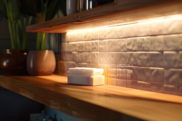 A single soap block sits on top of a wooden shelf, waiting to be used