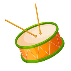 Cartoon colorful drums with drumsticks isolated on white background.
