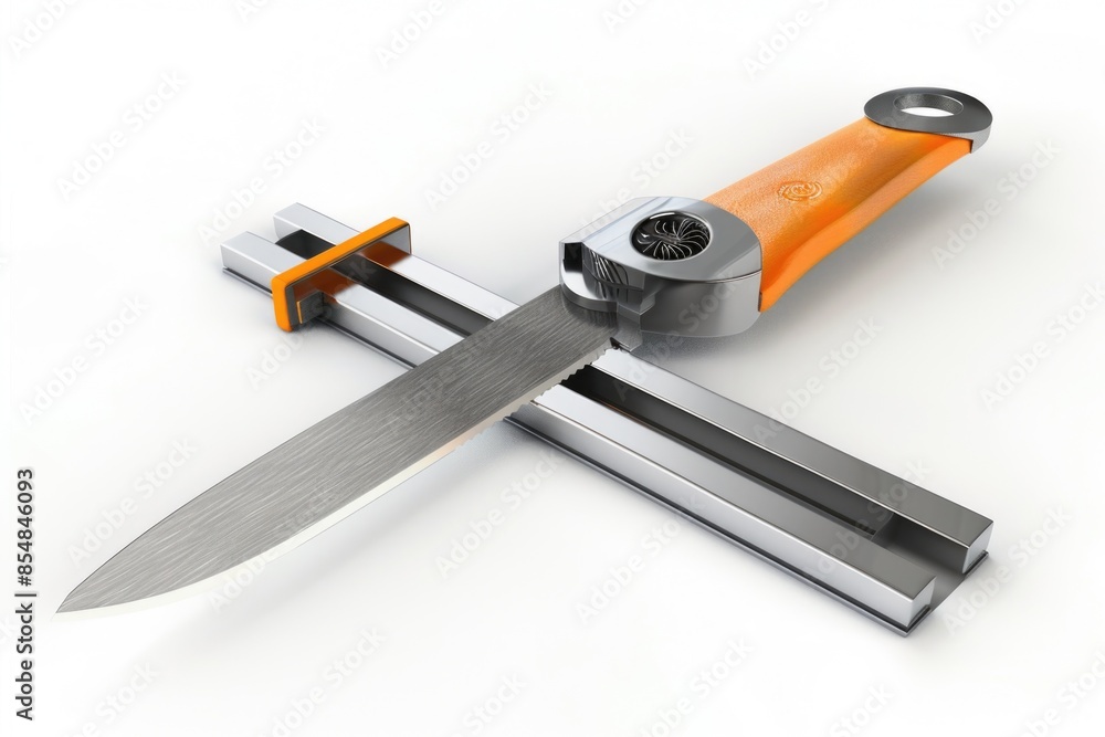 Poster a pair of scissors and a hammer placed on a clean white surface for use or display