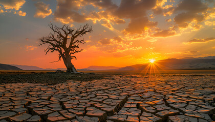 Barren Desert Scene with Cracked Earth, Tree in Sunset