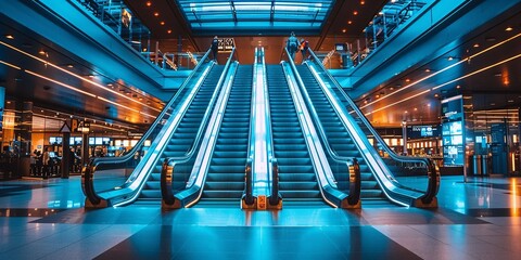 A wide shot of two escalators in a modern shopping mall, with blue and white lighting