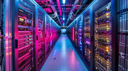 Fototapeta premium High-performance data center and network equipment in operation.