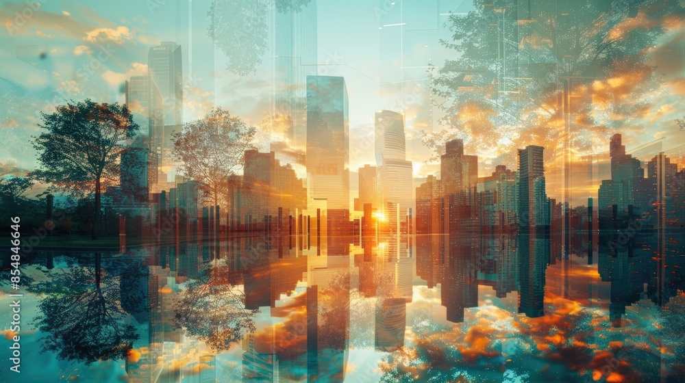 Poster abstract cityscape with reflection in water, sunset and clouds creating an urban dreamscape.